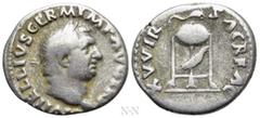 Roman Imperial Coins VITELLIUS (69). Denarius. Rome. Obv: A VITELLIVS GERM IMP AVG TR P. Laureate head right. Rev: XV VIR SACR FAC. Tripod surmounted by dolphin right; below, raven right. RIC² 109. Co