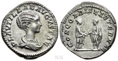 Roman Imperial Coins PLAUTILLA (Augusta, 202-205). Denarius. Rome. Obv: PLAVTILLAE AVGVSTAE. Draped bust right. Rev: CONCORDIAE AETERNAE. Caracalla and Plautilla standing facing one another, clasping 