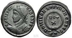 Roman Imperial Coins CRISPUS (Caesar, 316-326). Follis. Ticinum. Obv: CRISPVS NOB CAES. Laureate and cuirassed bust left, holding shield and spear. Rev: DOMINOR NOSTROR CAESS / S T. VOT / X in two lin