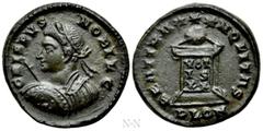 Roman Imperial Coins CRISPUS (Caesar, 316-326). Follis. Londinium. Obv: CRISPVS NOBIL C. Laureate and cuirassed bust left, holding spear and decorated shield. Rev: BEAT TRANQLITAS / P LON. Globe set o