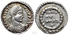 Roman Imperial Coins JULIAN II APOSTATA (361-363). Siliqua. Lugdunum. Obv: FL CL IVLIANVS P P AVG. Pearl-diademed, draped and cuirassed bust right. Rev: VOTIS / V / MVLTIS / X / LVG. Legend in four li