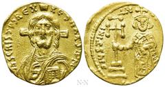 Byzantine Coins JUSTINIAN II (First reign, 685-695). GOLD Solidus. Constantinople. Obv: IҺS CRISTOS RЄX RЄGNANTIUM. Facing bust of Christ Pantokrator, raising hand in benediction and holding book of G