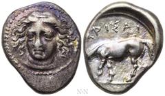 Greek Coins THESSALY. Larissa. Drachm (Circa 400-370 BC). Obv: Head of the nymph Larissa facing slightly left. Rev: ΛΑΡΙΣΑI. Horse grazing left. BCD Thessaly II 218; HGC 4, 432. Condition: Very fine. 