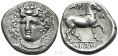 Greek Coins THESSALY. Larissa. Stater (Circa 356-342 BC). Obv: Head of the nymph Larissa facing slightly left, hair in ampyx, wearing single-pendant earring and necklace. Rev: ΛAPI / Σ / AIΩN. Bridled