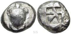Greek Coins ATTICA. Aegina. Stater (Circa 480-457 BC). Obv: Sea turtle, head turned to left in profile. Rev: Square incuse with large skew pattern. SNG Delepierre 1522; HGC 6, 435. Ex MünzZentrum 121 