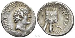 Roman Republican Coins MARK ANTONY. Denarius (37 BC). Antioch or military mint traveling with Canidius Crassus in Armenia. Obv: ANTONIVS AVGVR COS DES ITER ET TERT. Bare head right. Rev: IMP TERTIO II