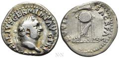 Roman Imperial Coins VITELLIUS (69). Denarius. Rome. Obv: A VITELLIVS GERM IMP AVG TR P. Laureate head right. Rev: XV VIR SACR FAC. Tripod surmounted by dolphin right; below, raven right. RIC² 109. Co