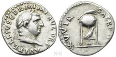 Roman Imperial Coins VITELLIUS (69). Denarius. Rome. Obv: A VITELLIVS GERM IMP AVG TR P. Laureate head right. Rev: XV VIR SACR FAC. Tripod surmounted by dolphin right; below, raven right. RIC² 109. Co
