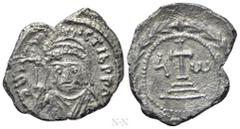 Byzantine Coins MAURICE TIBERIUS (582-602). Half Siliqua. Carthage. Obv: D N MAVRIC TIb PP A. Crowned facing bust, wearing consular robes, holding mappa and globus cruciger. Rev: Cross potent set on t