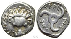 Greek Coins DYNASTS OF LYCIA. Trbbenimi (Circa 390-370 BC). Tetrobol. Uncertain mint. Obv: Facing scalp of lion. Rev: Triskeles within incuse circle. Müseler VIII.25-7 var. (spacing of ethnic); SNG Co