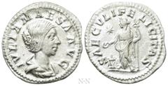 Roman Imperial Coins JULIA MAESA (Augusta, 218-224/5). Denarius. Rome. Obv: IVLIA MAESA AVG. Draped bust right. Rev: SAECVLI FELICITAS. Felicitas standing left, holding caduceus and patera over lighte