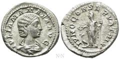 Roman Imperial Coins JULIA MAMAEA (Augusta, 222-235). Denarius. Rome. Obv: IVLIA MAMAEA AVG. Draped bust right. Rev: IVNO CONSERVATRIX. Juno standing left, holding patera and sceptre; to left, peacock