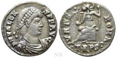 Roman Imperial Coins VALENS (364-378). Siliqua. Treveri. Obv: D N VALENS P F AVG. Diademed, draped and cuirassed bust right. Rev: VRBS ROMA / TRPS•. Roma seated left on throne, holding victoriola and 