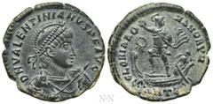 Roman Imperial Coins VALENTINIAN II (375-392). Ae. Antioch. Obv: D N VALENTINIANVS P F AVG. Helmeted, diademed, draped and cuirassed bust right, holding shield and spear. Rev: GLORIA ROMANORVM / ANTЄ.