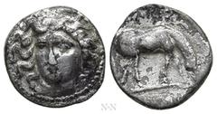 Greek Coins THESSALY. Larissa. Obol (Circa 356-337 BC). Obv: Head of the nymph Larissa slightly left. Rev: ΛAPIΣ / AIΩN. Horse grazing right. BCD Thessaly II 328; HGC 4, 506. Condition: Fine. Weight: 