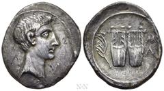 Roman Provincial Coins LYCIA. Lycian League. Augustus (27 BC-14 AD). Drachm. Masicytes. Obv: Λ - V. Bare head right. Rev: M / A. Two lyres; aplustre to left. RPC I 3309c; Troxell 116; SNG von Aulock 4