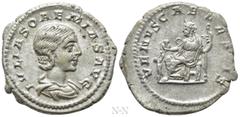 Roman Imperial Coins JULIA SOEMIAS (Augusta, 218-222). Denarius. Rome. Obv: IVLIA SOAEMIAS AVG. Draped bust right. Rev: VENVS CAELESTIS. Venus seated left, holding apple and sceptre; at left, child re