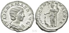 Roman Imperial Coins JULIA MAMAEA (Augusta, 222-235). Denarius. Rome. Obv: IVLIA MAMAEA AVG. Draped bust right. Rev: IVNO CONSERVATRIX. Juno standing left, holding patera and sceptre; to left, peacock