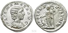 Roman Imperial Coins JULIA MAMAEA (Augusta, 222-235). Denarius. Rome. Obv: IVLIA MAMAEA AVG. Draped bust right. Rev: IVNO CONSERVATRIX. Juno standing left, holding patera and sceptre; to left, peacock
