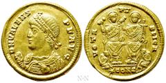 Roman Imperial Coins VALENS (364-378). GOLD Solidus. Constantinople. Obv: D N VALENS P F AVG. Pearl-diademed bust left, wearing imperial mantle and holding mappa and sceptre. Rev: VOTA PVBLICA / (star