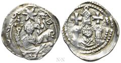Medieval Coins AUSTRIA. Pettau. Eberhard II (1200-1246). Pfennig. Obv: Facing bust of bishop, holding lis in each hand; six-pointed star above. Rev: Facing bust of bishop between two towers; above, tu
