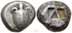 Greek Coins ATTICA. Aegina. Stater (Circa 480-457 BC). Obv: Sea turtle, head turned to left in profile. Rev: Square incuse with large skew pattern. SNG Delepierre 1522; HGC 6, 435. Condition: Fine. We