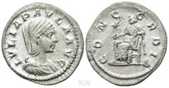 Roman Imperial Coins JULIA PAULA (Augusta, 219-220). Denarius. Rome. Obv: IVLIA PAVLA AVG. Draped bust right. Rev: CONCORDIA. Concordia seated left on throne, holding patera; star to left. RIC 211 (El