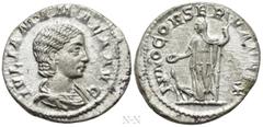 Roman Imperial Coins JULIA MAMAEA (Augusta, 222-235). Denarius. Rome. Obv: IVLIA MAMAEA AVG. Draped bust right. Rev: IVNO CONSERVATRIX. Juno standing left, holding patera and sceptre; to left, peacock