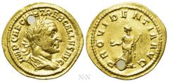 Roman Imperial Coins TREBONIANUS GALLUS (251-253). GOLD Aureus. Rome. Obv: IMP CAE C VIB TREB GALLVS AVG. Laureate, draped and cuirassed bust right. Rev: PROVIDENTIA AVG. Providentia standing left, ho