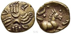 Celtic Coins CELTIC. Britain. Trinovantes & Catuvellauni. Tasciovanus (Circa 20 BC-AD 10). GOLD 1/4 Stater. Obv: TASC. Crossed linear wreaths with two oppposed crescents at centre; pellets-in-annulets