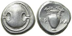Greek Coins BOEOTIA. Thebes. Stater (Circa 368-364 BC) Arka-, magistrate. Obv: Boeotian shield. Rev: AP - KA. Amphora, two ivy leaves on each handle; all within incuse circle. Hepworth 14; BCD Boiotia