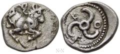 Greek Coins DYNASTS OF LYCIA. Kuprilli (Circa 470-440 BC). Tetrobol. Obv: Double bull forepart; triskeles above. Rev: ΚΟΠ. Triskeles within round incuse. Cf. Müseler IV.26-8 (Stater). Condition: Very 