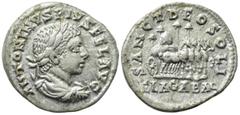 Roman Imperial Coins ELAGABALUS (218-222). Denarius. Antioch. Obv: ANTONINVS PIVS FEL AVG. Laureate, draped and cuirassed bust right. Rev: SANCT DEO SOLI ELAGABAL. Quadriga right bearing stone of Emes