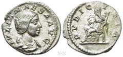 Roman Imperial Coins JULIA MAESA (Augusta, 218-224/5). Denarius. Rome. Obv: IVLIA MAESA AVG. Draped bust right. Rev: PVDICITIA. Pudicitia seated left on throne, drawing veil from face and holding scep