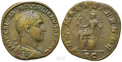 Roman Imperial Coins GORDIAN II (238). Sestertius. Rome. Obv: IMP CAES M ANT GORDIANVS AFR AVG. Laureate, draped and cuirassed bust right. Rev: ROMAE AETERNAE / S C. Roma seated left on shield, holdin