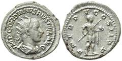 Roman Imperial Coins GORDIAN III (238-244). Antoninianus. Rome. Obv: IMP GORDIANVS PIVS FEL AVG. Radiate, draped and cuirassed bust right. Rev: P M TR P V COS II P P. Gordian in military dress standin