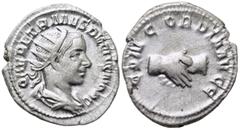 Roman Imperial Coins HERENNIUS ETRUSCUS (Caesar, 249-251). Antoninianus. Rome. Obv: Q HER ETR MES DECIVS NOB C. Radiate and draped bust right. Rev: CONCORDIA AVGG. Clasped hands. RIC 138 (Decius). Con