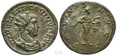 Roman Imperial Coins CARINUS (283-285). Antoninianus. Lugdunum. Obv: IMP C M AVR CARINVS AVG. Radiate, draped and cuirassed bust right. Rev: SALVS AVGG / D. Salus standing right, feeding serpent held 