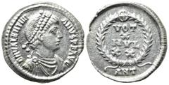 Roman Imperial Coins VALENTINIAN I (364-375). Siliqua. Antioch. Obv: D N VALENTINIANVS P F AVG. Pearl-diademed, draped and cuirassed bust right. Rev: VOT X MVL XX / ANT. Legend in four lines within wr