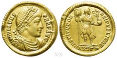 Roman Imperial Coins VALENS (364-378). GOLD Solidus. Antioch. Obv: D N VALENS PER F AVG. Pearl-diademed, draped and cuirassed bust right. Rev: RESTITVTOR REIPVBLICAE / ANTΓ (star). Valens standing fac