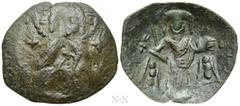 Medieval Coins BULGARIA. Second Empire. Konstantin I Asen (1257-1277). Ae Trachy. Veliko Turnovo. Obv: Facing bust of Christ Pantokrator, holding scroll; cross to left and right. Rev: Konstantin stand