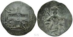 Medieval Coins BULGARIA. Second Empire. Konstantin I Asen (1257-1277). Ae Trachy. Obv: IC - XC. Large cross pattée; star in third and fourth quarters. Rev: Konstantin I seated facing on throne, holdin