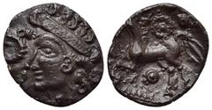 Celtic Coins WESTERN EUROPE. Britain. Iceni. Unit (Circa 50-40 BC). Bury Diadem type. Obv: Diademed female head left; snake to left. Rev: Horse leaping left; pellet in ring of pellets above, pellet-in