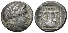 Greek Coins LESBOS. Mytilene. Hemidrachm or Triobol (Circa 350-250 BC). Obv: Laureate head of Apollo right. Rev: MY / T - I. Lyre within linear border; quiver to lower left. BMC 34; HGC 6, 1044. Condi