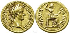 Roman Imperial Coins TIBERIUS (14-37). GOLD Aureus. "Tribute Penny" type. Lugdunum. Obv: TI CAESAR DIVI AVG F AVGVSTVS. Laureate head right. Rev: PONTIF MAXIM. Livia (as Pax) seated right on throne, h