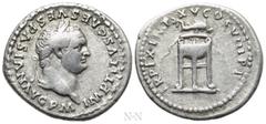 Roman Imperial Coins TITUS (79-81). Denarius. Rome. Obv: IMP TITVS CAES VESPASIAN AVG P M. Laureate head right. Rev: TR P IX IMP XV COS VIII P P. Tripod with fillets, upon which wreath surmounted by d