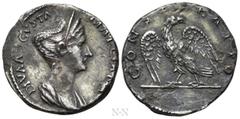 Roman Imperial Coins DIVA MARCIANA (Died 112/4). Fourrèe Denarius. Rome. Obv: DIVA AVGVSTA MARCIANA. Draped bust right, wearing stephane. Rev: CONSECRATIO. Eagle standing left, head right. Cf. Woytek 