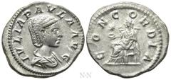 Roman Imperial Coins JULIA PAULA (Augusta, 219-220). Denarius. Rome. Obv: IVLIA PAVLA AVG. Draped bust right. Rev: CONCORDIA. Concordia seated left on throne, holding patera; star to left. RIC 211 (El