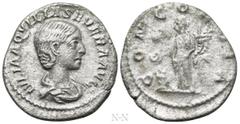 Roman Imperial Coins AQUILIA SEVERA (Augusta, 220-221 & 221-222). Denarius. Rome. Obv: IVLIA AQVILIA SEVERA AVG. Draped bust right. Rev: CONCORDIA. Concordia standing left, holding double cornucopia a