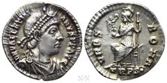 Roman Imperial Coins VALENTINIAN I (364-375). Siliqua. Treveri. Obv: D N VALENTINIANVS P F AVG. Diademed, draped and cuirassed bust right. Rev: VRBS ROMA / TRPS•. Roma seated left on throne, holding V